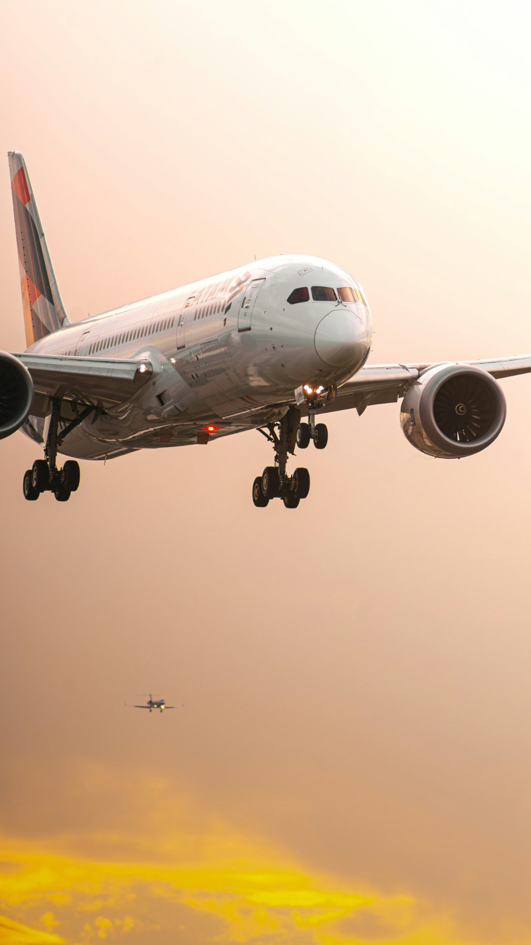 Avión aterrizando al atardecer
